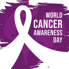 World Cancer Awareness Day Concept with ribbon and purple brush background. Vector Illustration for social media and banner template