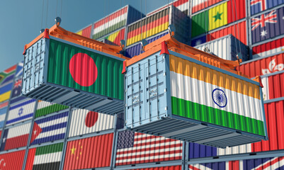 Freight containers with India and Bangladesh flag. 3D Rendering 