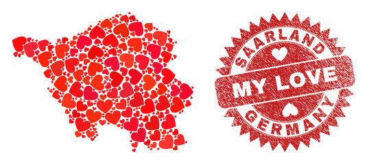 Vector mosaic Saarland Land map of valentine heart items and grunge My Love badge. Mosaic geographic Saarland Land map designed with valentine hearts.