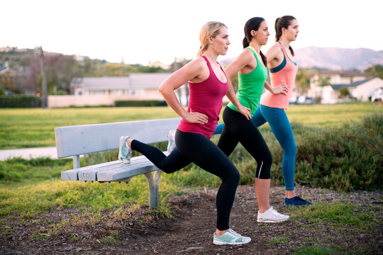 Women exercising on park bench on field