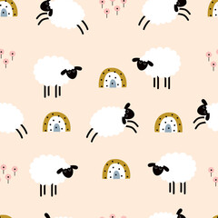 seamless pattern with cute sheeps on pink
