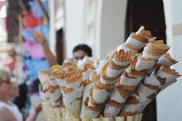 Waffle baskets for ice cream.  Street trade. Selective focus. Morocco.