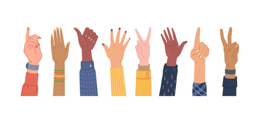 Diversity hands different gestures isolated set. Vector colorful palms, equal and diversity skins, multi ethnic community. Voting and pointing, hi-five, number one finger, thumb up, election vote sign
