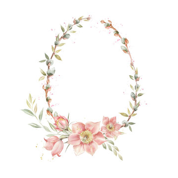 Easter wreath with pussy willow branches and primrose flowers. Delicate oval frame with spring flowers and leaves. Retro style.