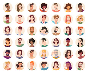 People portraits and emotional faces icons set. Vector group of men and women. Diversity of personages, multiethnic society. Cartoon characters expressing emotions laughter and joy, smile, calmness