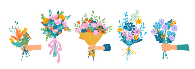 Floral composition in bouquet, isolated set of hands holding flowers in blossom. Botany and decoration. Decorative botany, flora and branches with petals and leaves, vector in flat cartoon style