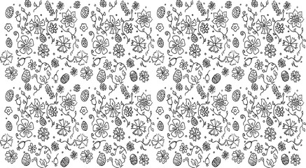 black and white illustration with flowers and easter eggs