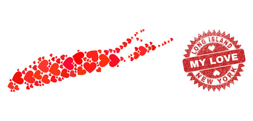 Vector collage Long Island map of love heart elements and grunge My Love stamp. Collage geographic Long Island map designed using valentine hearts.