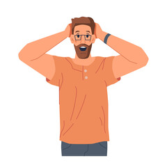 Fototapeta premium Excited or surprised male personage with smile and joy on face. Reaction of man showing amazed facial expression. Emotional bearded guy wearing glasses. Cartoon character, vector in flat style