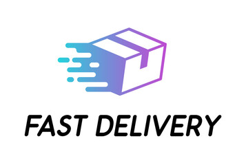 fast delivery vector logo icon with lettering isolated on white background. Delivery box illustration for brand business logotype