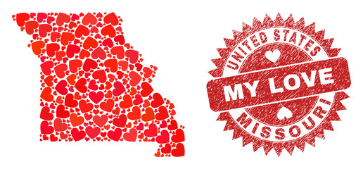 Vector mosaic Missouri State map of love heart items and grunge My Love badge. Mosaic geographic Missouri State map designed with love hearts.