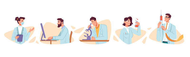 Creation and testing vaccine, scientist fight against coronavirus covid 19 flat cartoon characters set. Vector medicines search immunization to corona disease. Laboratory workers doctor with syringes
