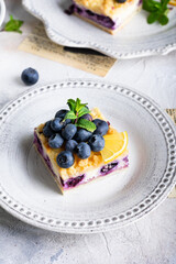 Close up of cake with blueberries and cottage cheese