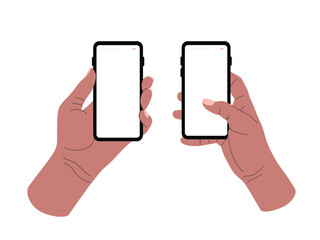 Hands holding phones with empty screens mock up. Social media interaction. Vector flat cartoon illustration for web sites and banners design