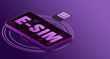 eSIM card chip joins the technology phone with labeled eSim on screen, 5g technology 3d