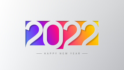 Obraz premium 2022 Happy New Year banner. Vector illustration with colorful numbers with trendy gradient. Merry Christmas and Happy New Year holiday symbol template on gray background.