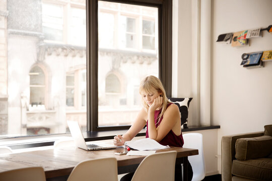 Businesswoman reading file at desk by window in creative office
