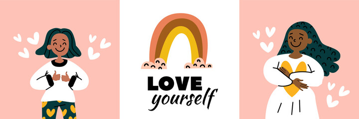 Happy women, hearts, rainbow. Illustration collection. Topics: love yourself, be positive, acceptance, confident, self care. Poster, print set. Stock Eps motivation quote. Love yourself - text
