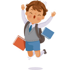 Boy jumpink with a book. children in uniform. Back to school