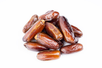 Creative layout made of dried dates. Flat lay. Food concept. Fruits dates. Dates Palm fruit isolated on white. Dried fruits. Healthy diet.