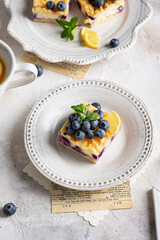 Close up of cake with blueberries and cottage cheese