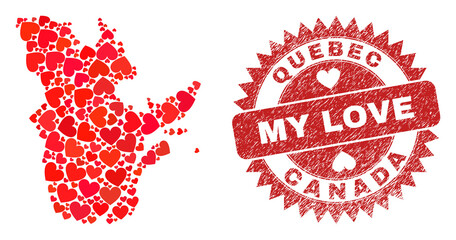 Vector mosaic Quebec Province map of lovely heart elements and grunge My Love stamp. Mosaic geographic Quebec Province map constructed with lovely hearts.
