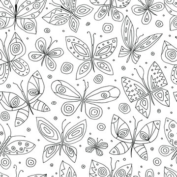 Beautiful cartoon graphic butterflies. Seamess pattern. Vector illustration. Coloring book for kids.