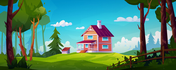Rural house landscape forest scenery view on country home with chimney, stairs and porch. Vector building in green wood with fir trees, eco environment. Construction in countryside, cartoon cottage