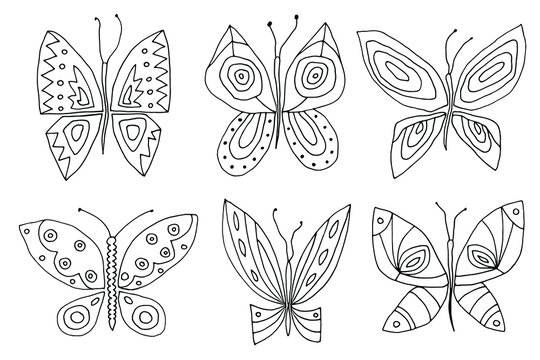 Beautiful cartoon butterflies. Vector set. Outline. Coloring book.