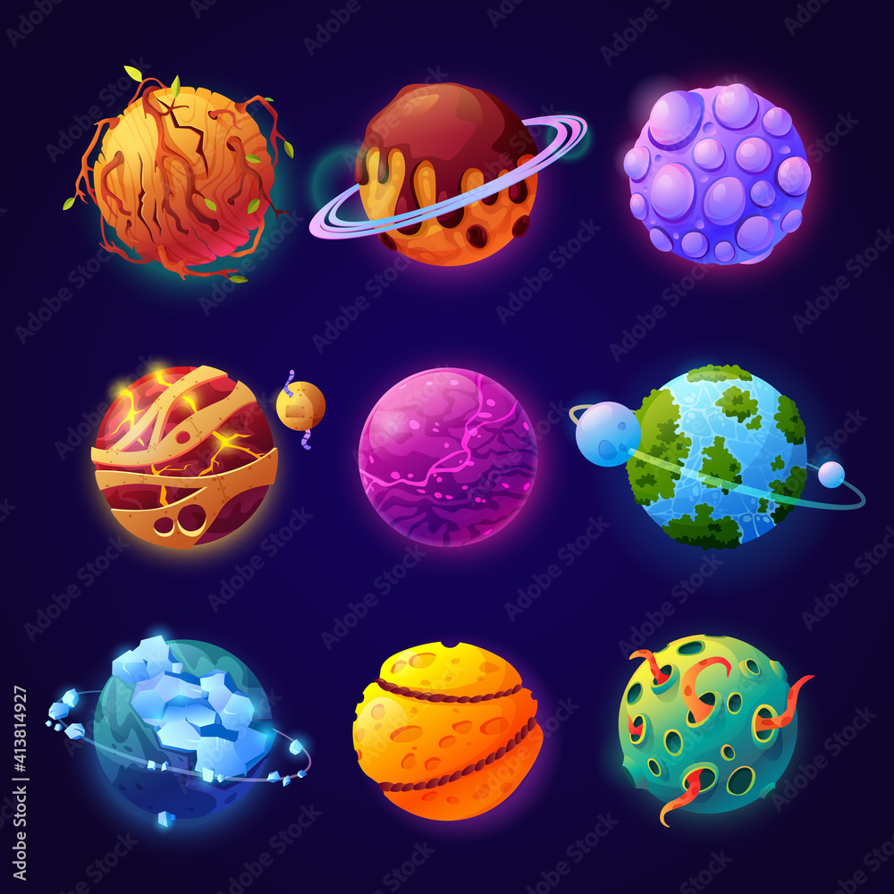 Poster Cosmos with fictional fantasy planets with orbits and satellites. Set of celestial bodies, asteroids or meteors for game design or universe creation. Aliens and outer space. Cartoon vector in flat