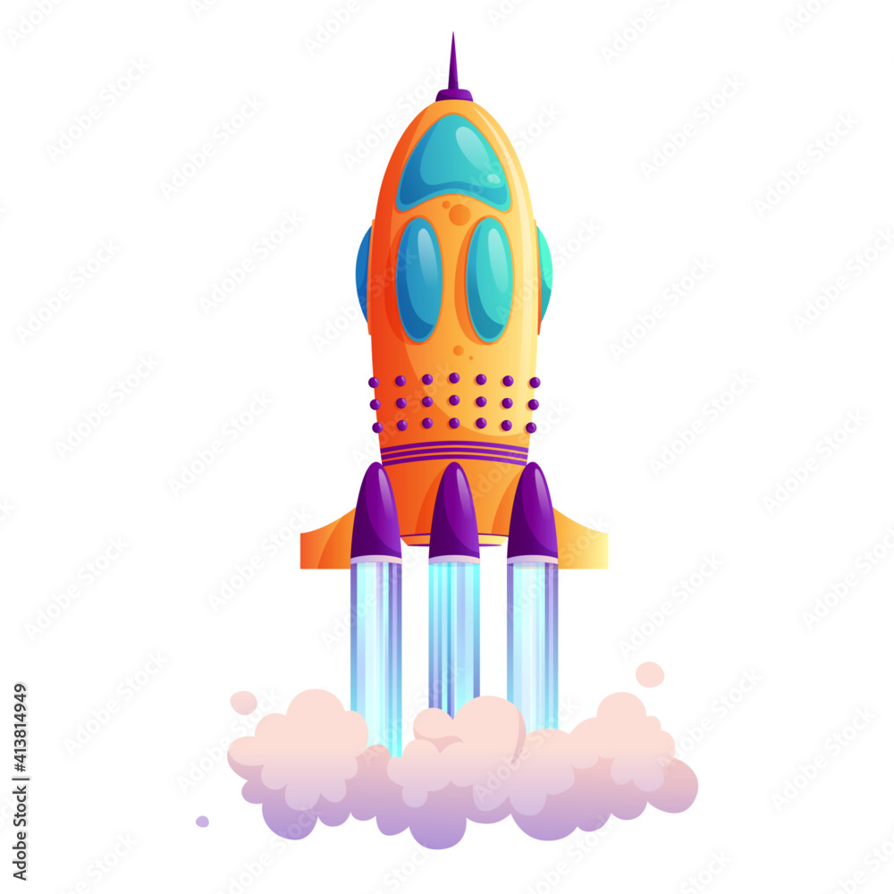Poster takeoff of rocketship, traces and clouds, shuttle flight isolated cartoon icon. vector new project o