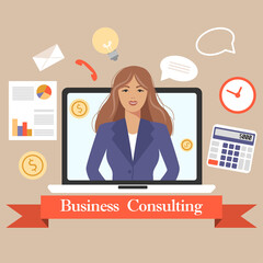 Business consultant online, the girl on the laptop screen