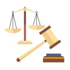 Scales of justice and the Chairman's hammer, flat illustration