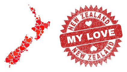 Vector mosaic New Zealand map of love heart items and grunge My Love seal stamp. Collage geographic New Zealand map constructed with valentine hearts.