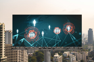 Fototapeta premium World planet Earth map hologram and social media icons on billboard over panorama city view of Bangkok, Southeast Asia. The concept of people networking and connections.