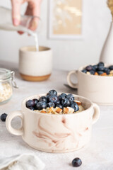 Morning breakfast with oatmeal porridge and blueberries