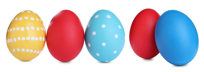 Set with colorful Easter eggs on white background, banner design