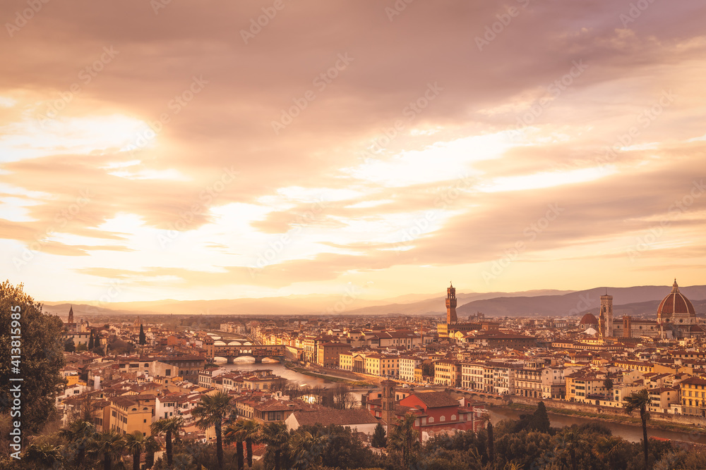 Wall mural panoramic view of florence and its famous landmarks palazzo vecchio, florence cathedral, ponte vecch