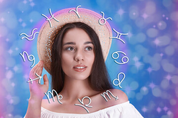 Beautiful young woman and illustration of zodiac wheel with astrological signs on color background