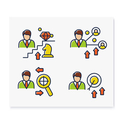 Personal growth color icons set. Consists of self knowledge, enhancing lifestyle, social relation, identifying potential. Isolated vector illustrations 