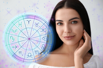Beautiful young woman and illustration of zodiac wheel with astrological signs on light background