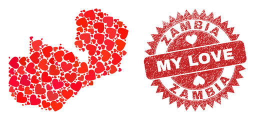 Vector collage Zambia map of lovely heart items and grunge My Love badge. Collage geographic Zambia map designed with lovely hearts.
