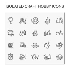 Craft hobby set hand drawn icons. Handmade and homemade concept. Consist of sewing, etching, bottle painting, origami, papier-mache etc. Isolated sketch vector illustration