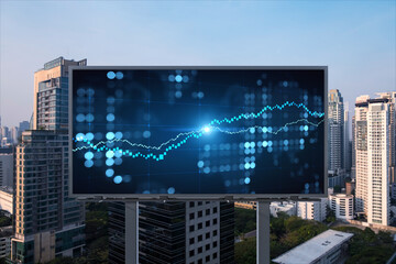 Glowing FOREX graph hologram on billboard, aerial panoramic cityscape of Bangkok at sunset. Stock and bond trading in Southeast Asia. The concept of fund management.