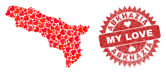 Vector mosaic Abkhazia map of love heart items and grunge My Love badge. Mosaic geographic Abkhazia map created with valentine hearts. Red rosette imprint with grunge rubber texture and my love tag.