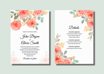 Wedding invitation card set with pink orange watercolor roses