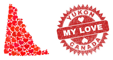 Vector collage Yukon Province map of love heart items and grunge My Love badge. Collage geographic Yukon Province map constructed with love hearts.