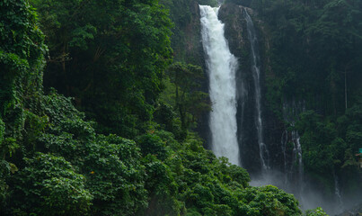 Beautiful tropical waterfall in green forest, aerial drone. Maria Cristina Falls in the tropical mountain jungle. Philippines, Mindanao. Iligan City, Lanao del Norte.