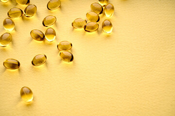 Omega-3 Fish Fat Oil Capsules. Fish oil capsules isolated on white background. Close up of capsules Omega 3 on white background. Health care concept. Nutritional supplements. Vitamins