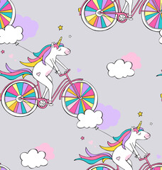Seamless pattern. Cartoon character Unicorn with a cloud balloon on a bike with a rainbow wheels. Textile composition, hand drawn style print. Vector illustration.